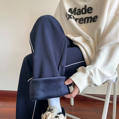 加绒加厚条纹运动裤休闲校服卫裤