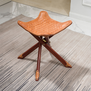 成人牛皮家用设计师创意椅子 真皮实木简约可折叠马扎凳户外便携式