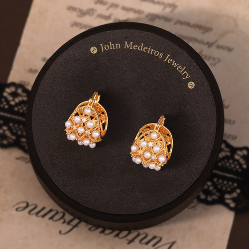 意大利john medeiros复古镂空花篮珍珠耳钉高级感轻奢女领针耳环