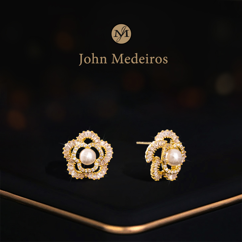 意大利john medeiros镂空水晶花朵珍珠耳钉高级感轻奢女领针耳环