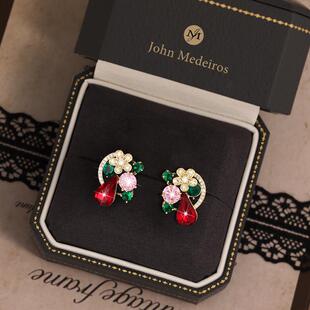意大利john medeiros满钻五彩宝石花朵耳钉高级感轻奢女领针耳环