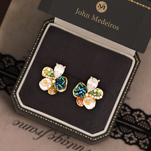 意大利john medeiros五叶花多彩宝石耳钉高级感轻奢爆闪拎环耳环