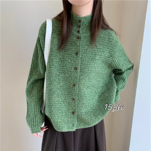 韩版宽松高领针织开衫女冬季单排扣百搭休闲柔软保暖毛衣外套内搭