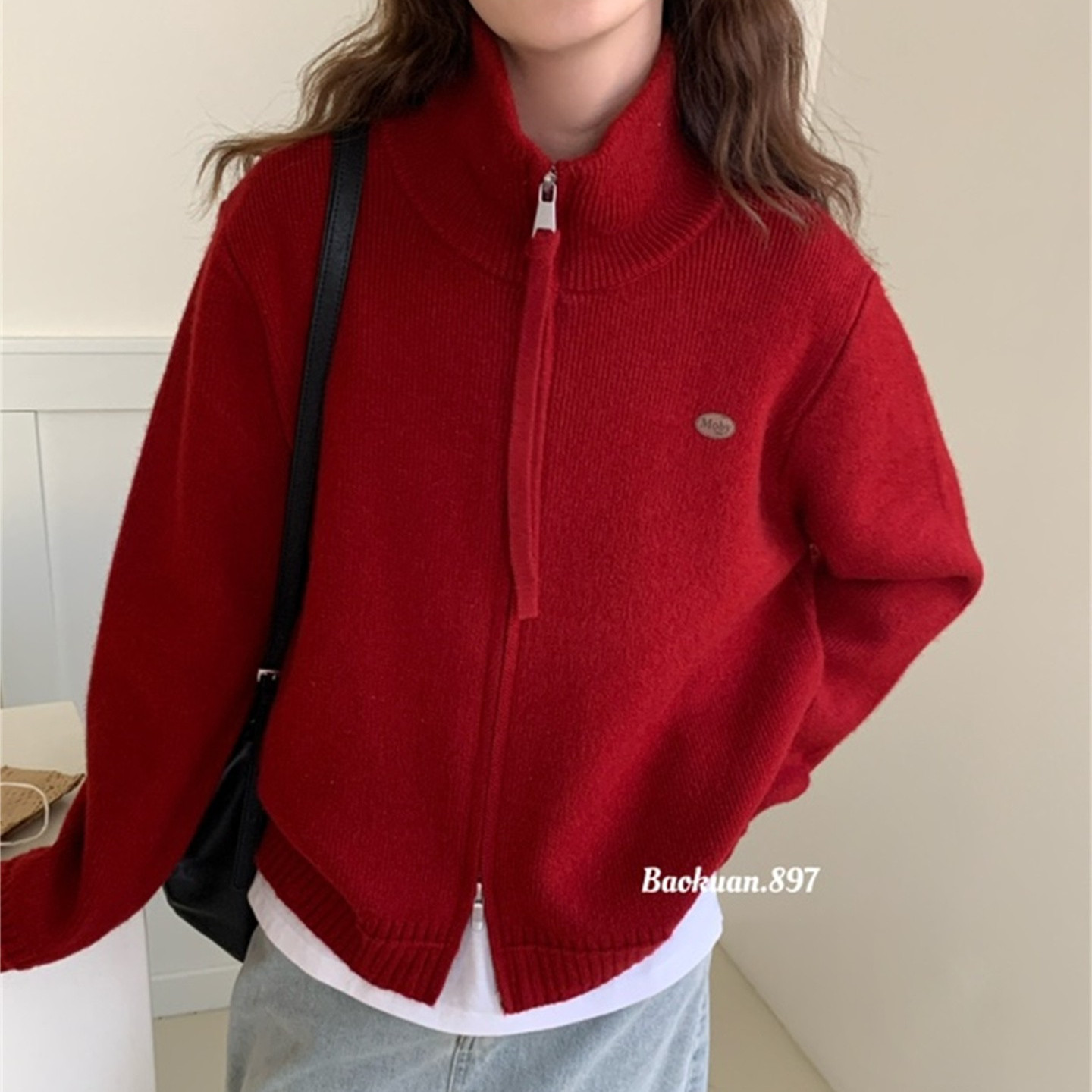 韩版立领双拉链针织开衫女2025秋季新款宽松显瘦柔软简约毛衣外套