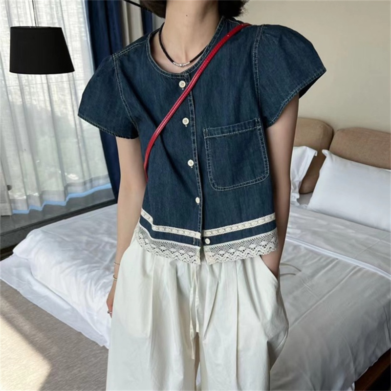 设计感蕾丝拼接牛仔短袖衬衣女装