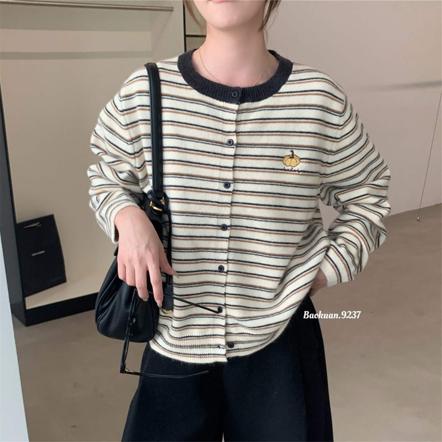 韩版条纹针织开衫女宽松显瘦毛衣