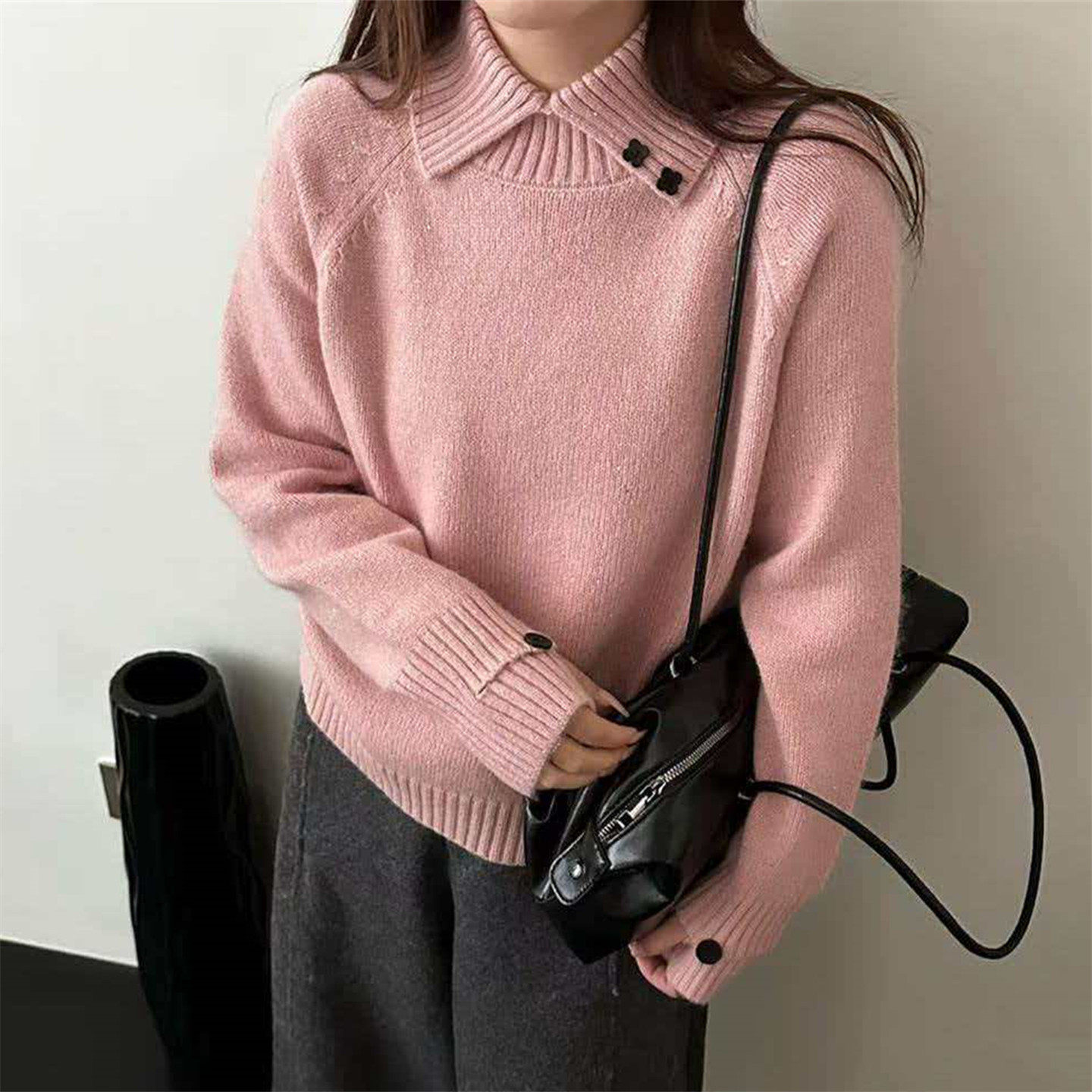 韩版翻领斜扣浣熊绒羊绒衫女2025冬季新款宽松百搭柔软针织毛衣潮,女装/女士精品,羊绒衫,淘宝优惠券,粉丝福利购,淘宝优惠卷