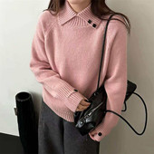 韩版 宽松百搭柔软针织毛衣潮 新款 翻领斜扣浣熊绒羊绒衫 女2025冬季