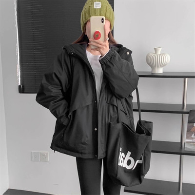 工装风连帽羽绒服女中长款冲锋衣