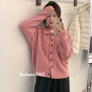 韩系复古麻花毛衣开衫女2026春季新款柔软保暖翻领木扣针织衫外套