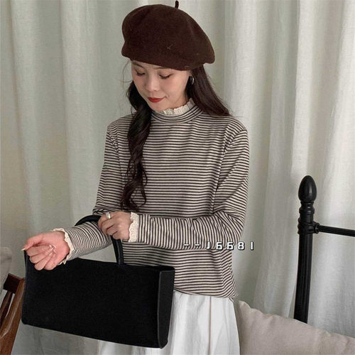 韩版半高领蕾丝拼接条纹T恤女冬
