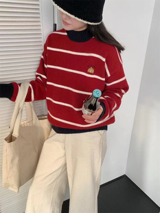 学院风条纹半高领毛衣女25冬季时尚显瘦软糯百搭套头半高领针织衫