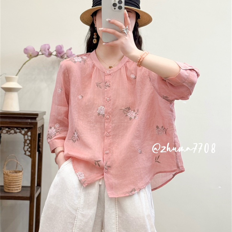 韩版苎麻刺绣衬衫女夏季宽松显瘦