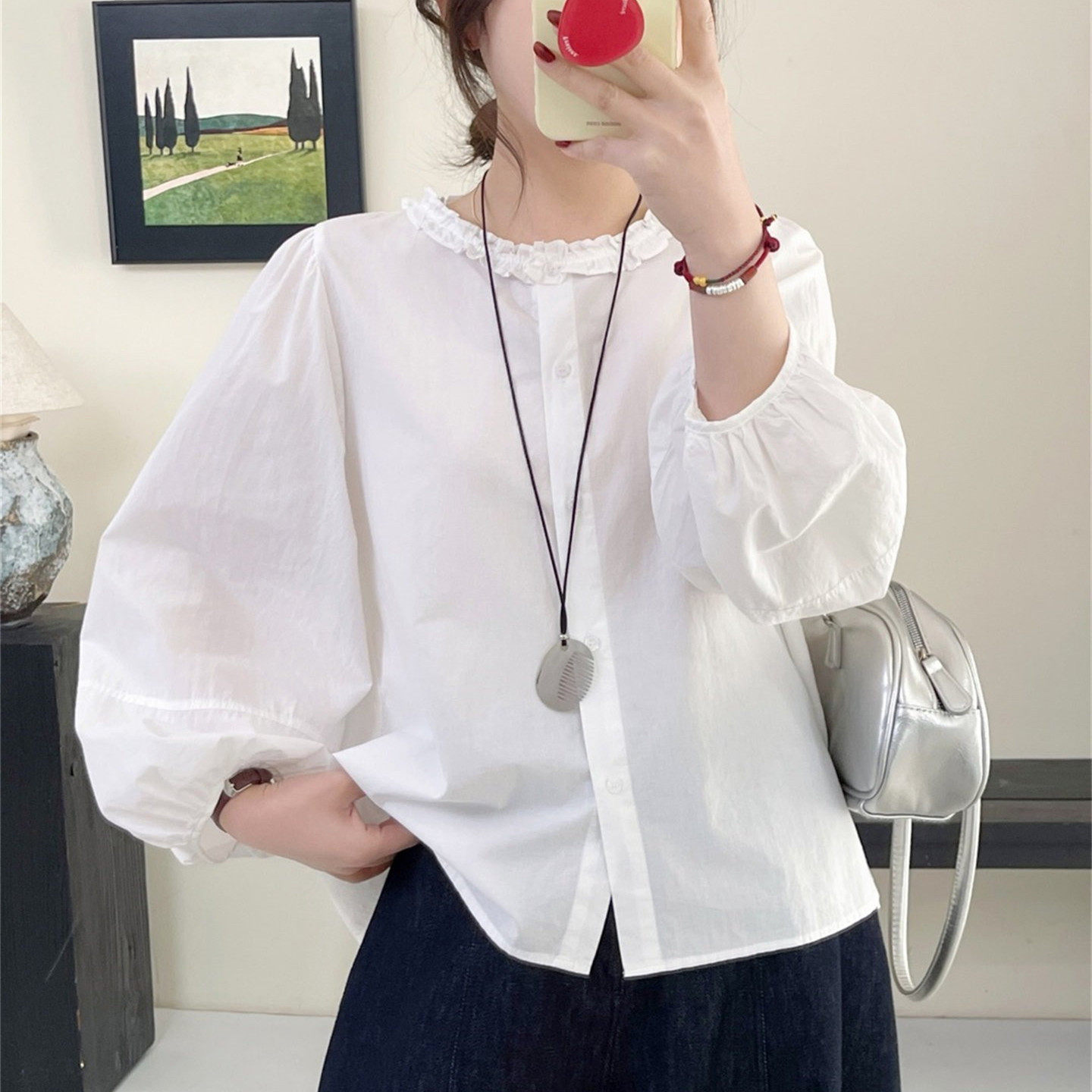 日系纯棉木耳边灯笼袖衬衫女长袖2026春季新款宽松显瘦百搭上衣潮