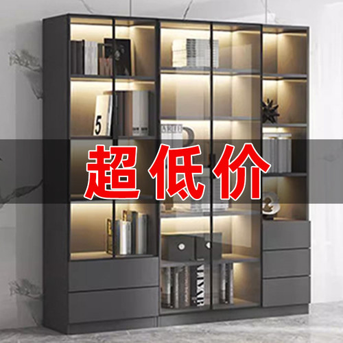 书柜一体整墙到顶带玻璃门酒柜书柜轻奢高档展示柜整墙可定制书柜