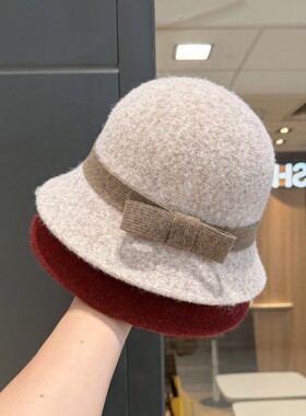 法式赫本风毛呢礼帽秋冬季蝴蝶结气质复古保暖帽子女显脸小渔夫帽