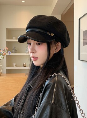 韩版复古文艺八角帽子女秋季黑色百搭画家帽英伦风网红时尚贝雷帽
