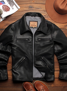 美式经典复古J100短款机车皮夹克做旧无涂植鞣山羊皮翻领修身皮衣
