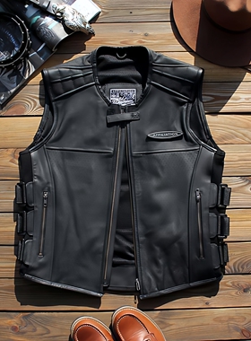 新品真皮机车马甲头层牛皮美式哈雷重机骑行马夹车队俱乐部小外套