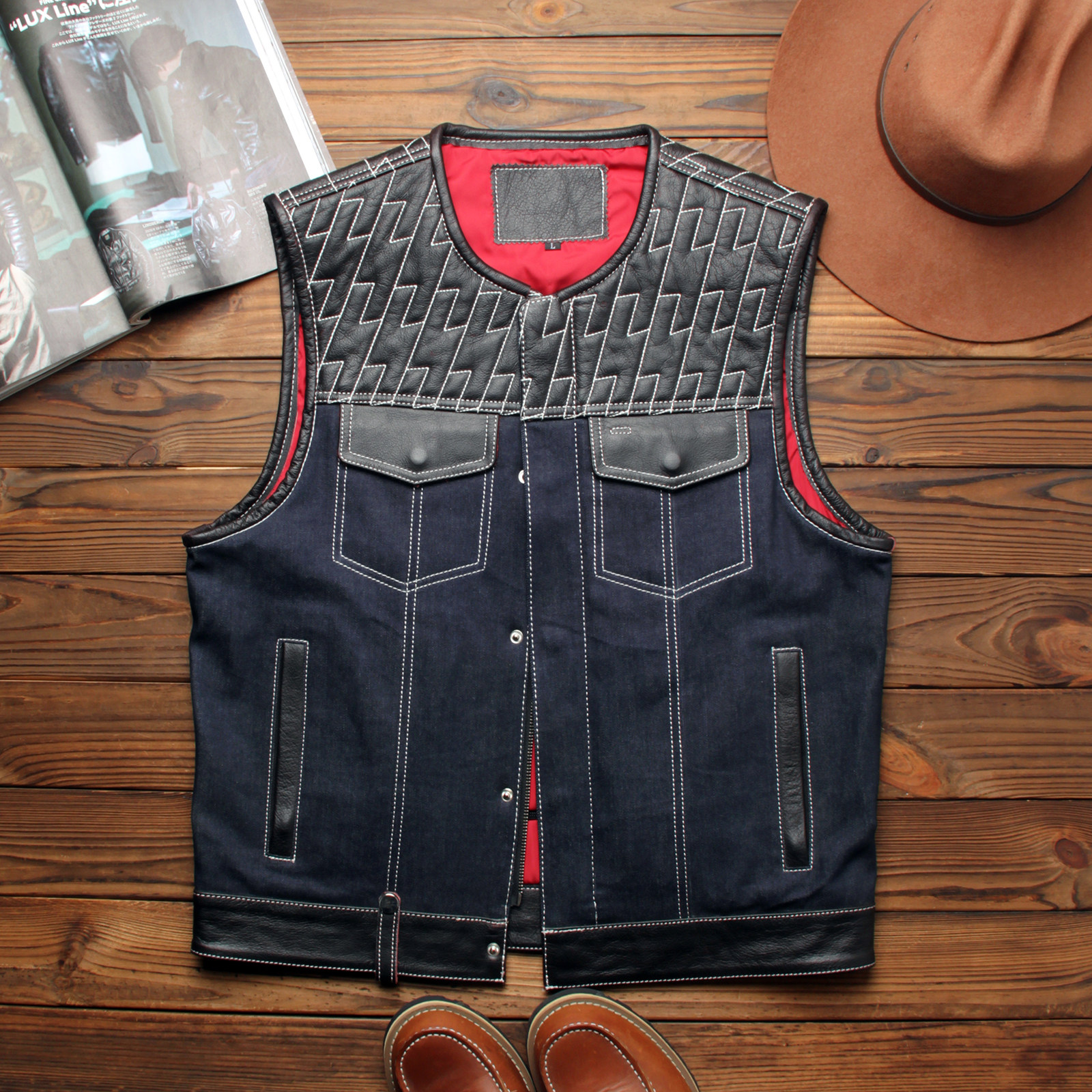 混乱之子真皮马甲男牛仔布配牛皮圆领修身俱乐部车机服皮马甲背心