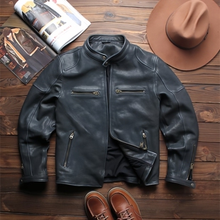 复古真皮皮衣男款进口雾蜡无涂植鞣绵羊皮J100立领机车皮夹克外套
