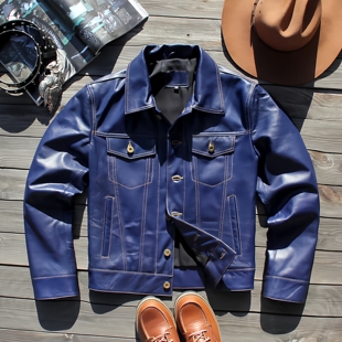 翻领机车服头层羊皮牛仔皮夹克外套 修身 福利款 复古真皮皮衣男短款