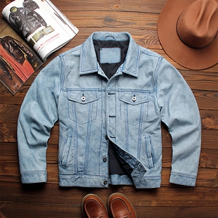 男头层牛皮经典 牛仔纯皮灰蓝复古机车皮衣夹克 重水洗做旧507工装