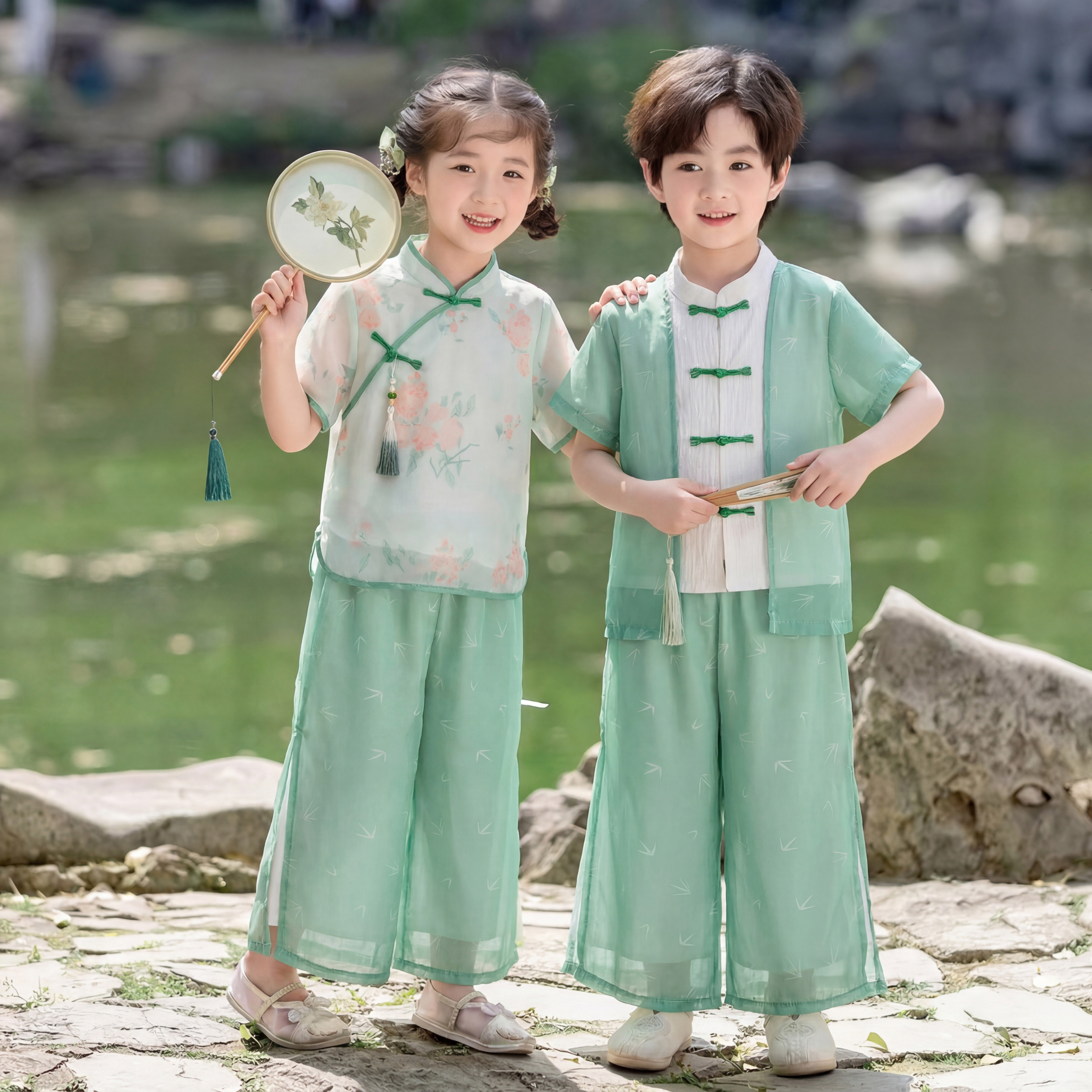 中秋儿童汉服唐装幼儿园中国风套装绿色古风小学生幼儿园演出服装