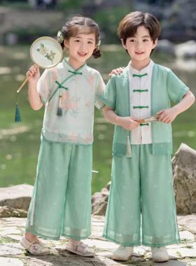 幼儿园六一儿童中国风小汉服套装唐装绿色古风毕业典礼演出服套装