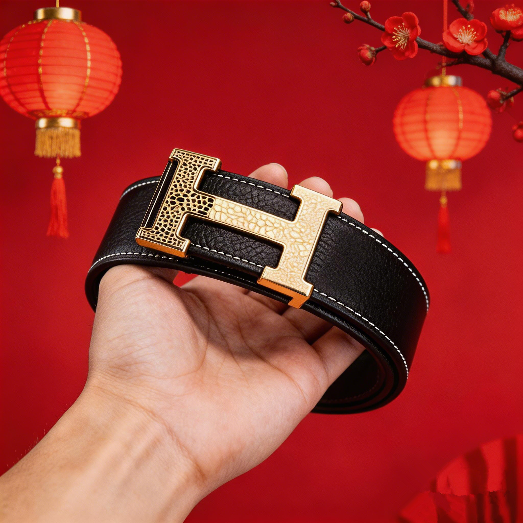 皮带男士真皮高档头层牛皮CaecnKo商务流行字母H平滑扣腰带男金色