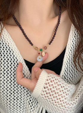 情侣款夏季多圈石榴石平安扣项链