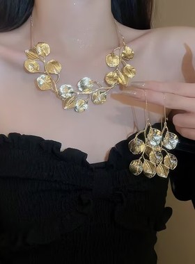 欧美夏季树叶金色链条冷淡风锁骨链夸张小众设计气质高级项链套装