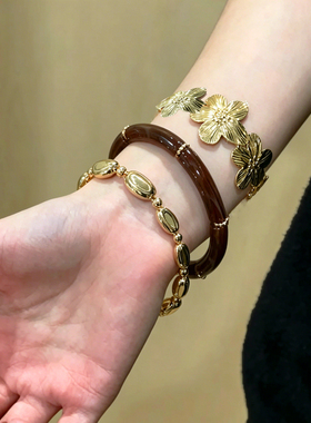 复古金色花朵叠戴手镯女