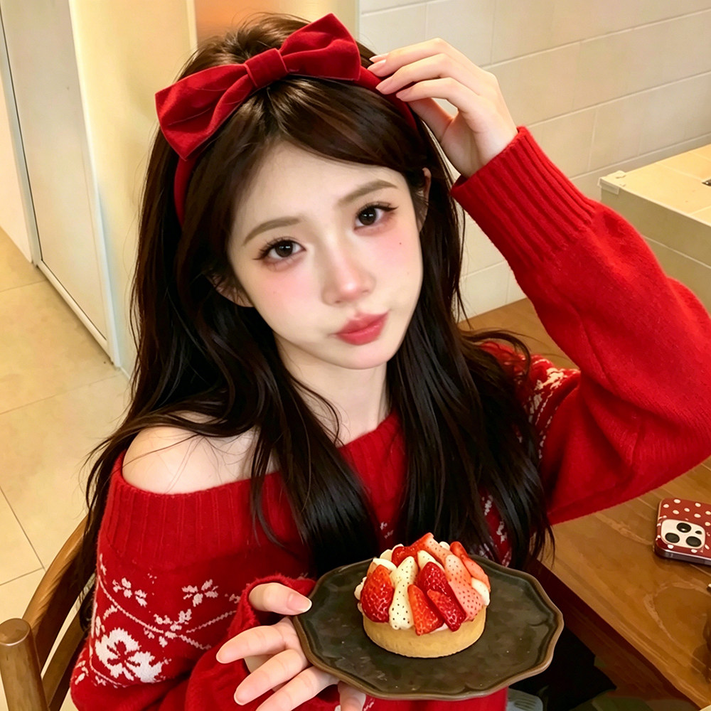 韩版红色丝绒高颅顶发箍女图片