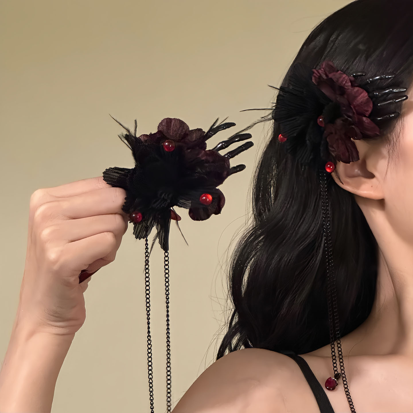 万圣节暗黑玫瑰鬼爪羽毛流苏发夹哥特复古血色红水晶发卡搞怪配饰