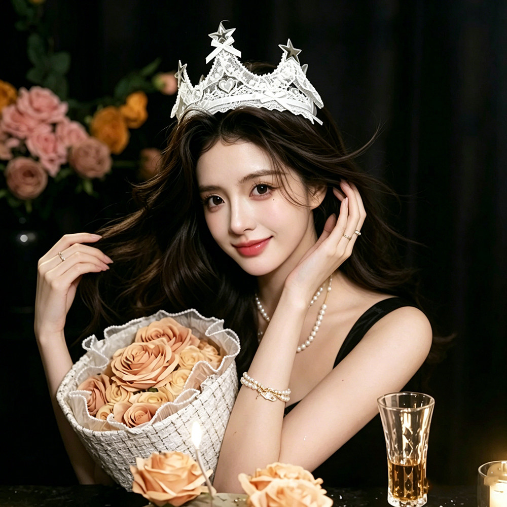 公主甜美蕾丝皇冠生日帽女孩成人王冠拍照道具发饰蜡烛生日头饰