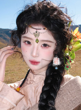 民族风复古绿色蝴蝶陶瓷额饰项链两用中式气质锁骨链森系高级颈链