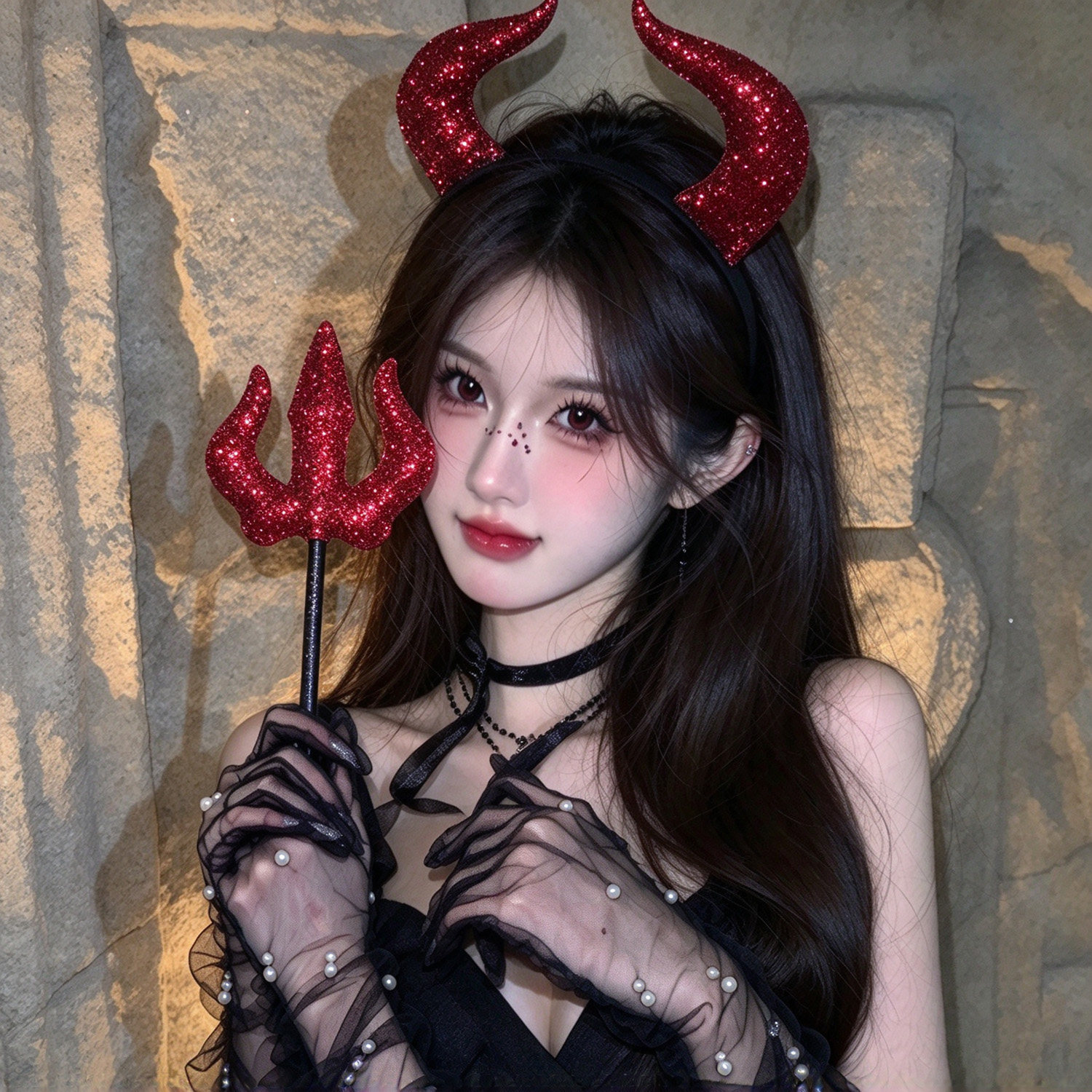 万圣节红色闪粉恶魔牛角发箍三叉戟套装女暗黑小恶魔头饰派对配饰