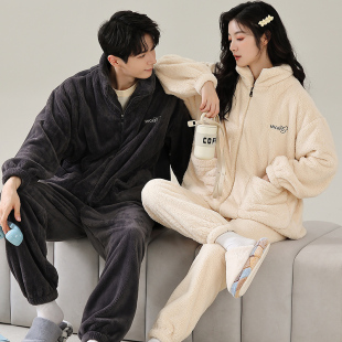 贵妃绒情侣睡衣女士秋冬加厚珊瑚绒休闲立领大码 宽松家居服 男士