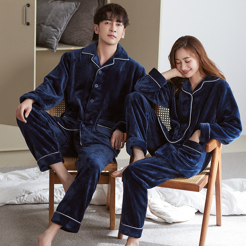 幻想曲情侣睡衣法兰绒冬季女纯色加绒居家服男秋冬保暖大红色套装