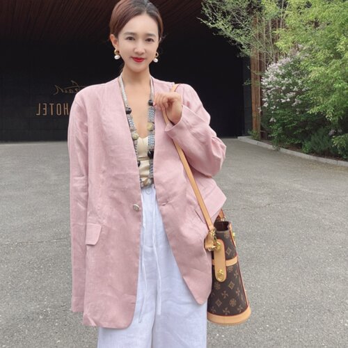 夏季防晒纯亚麻V领宽松女西装