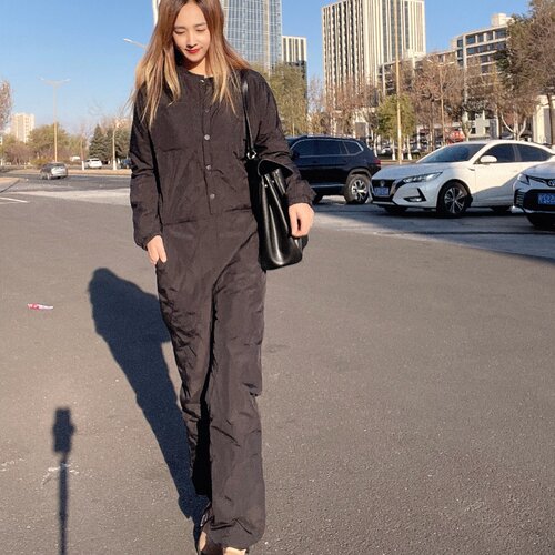 自然腰九分束脚加棉连体裤