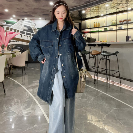 外套女款春秋牛仔衬衫领中长款宽松洋气欧货上衣女2024新款爆款潮