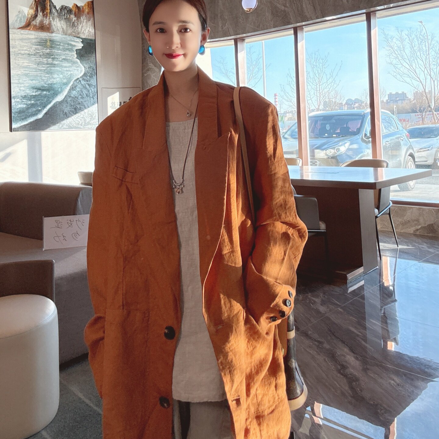 2026超火西装外套女款春季阔版宽松慵懒松弛风中长款洋气亚麻上衣
