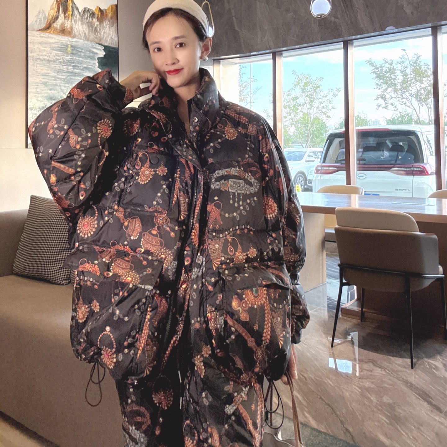 花色立领羽绒服女款冬季中长款潮