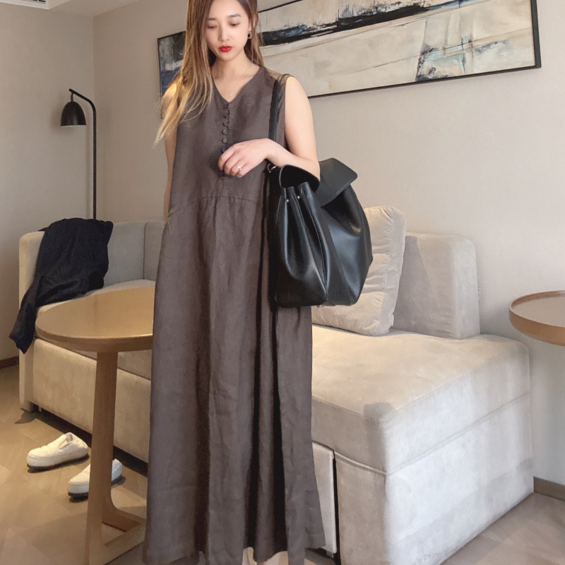 亚麻连衣裙爆款无袖长款宽松高级