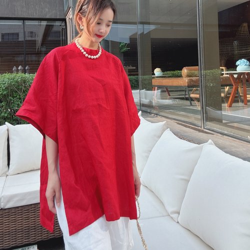 亚麻上衣女宽松圆领套头开叉短袖