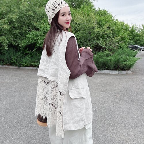 夏季轻薄亚麻拼蕾丝减龄女马甲