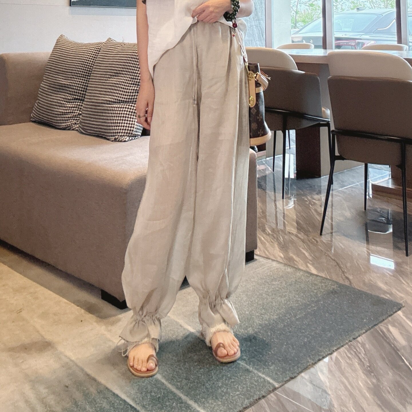 夏季薄款苎麻阔腿女休闲裤洋气潮图片