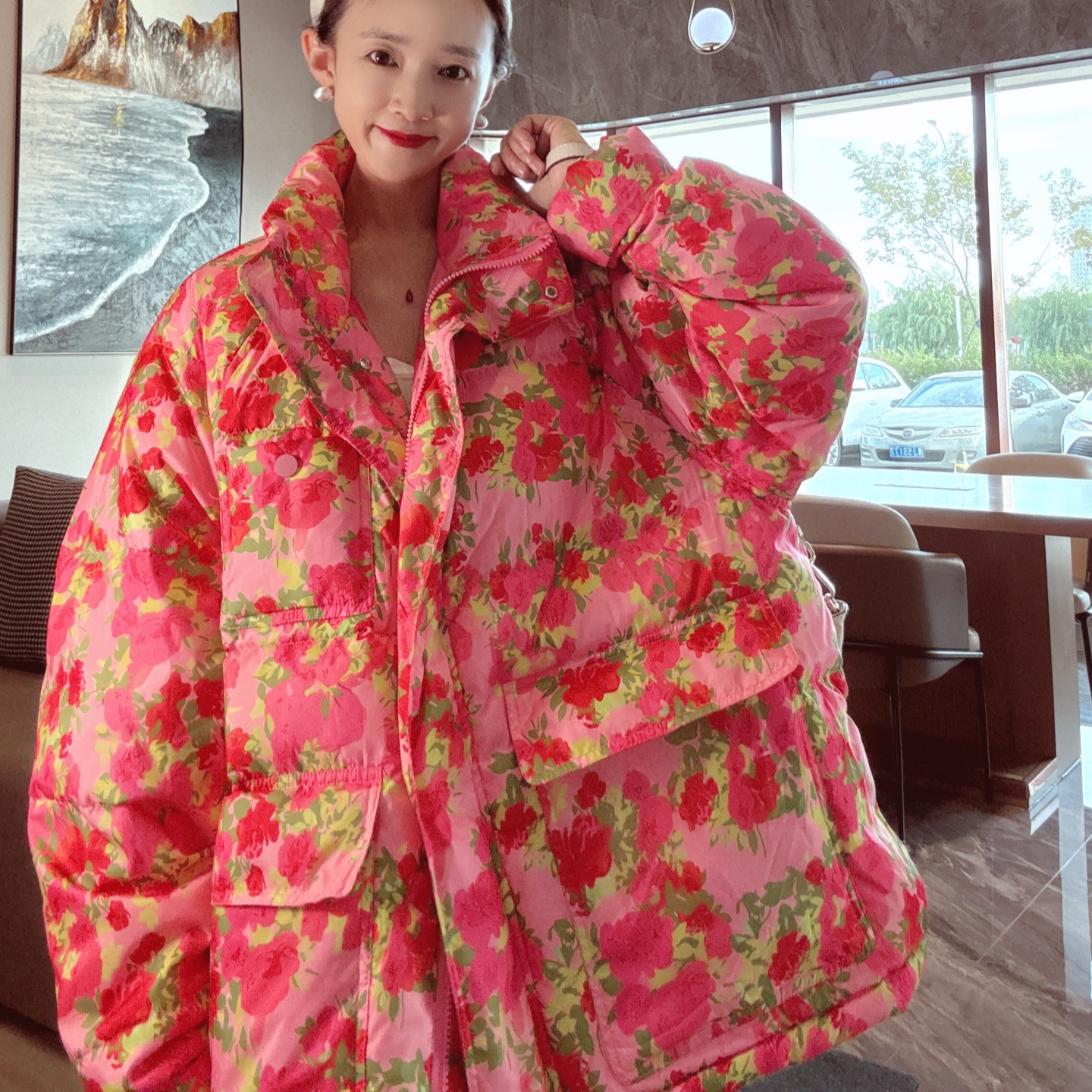 花色羽绒服女款冬季立领宽松洋气